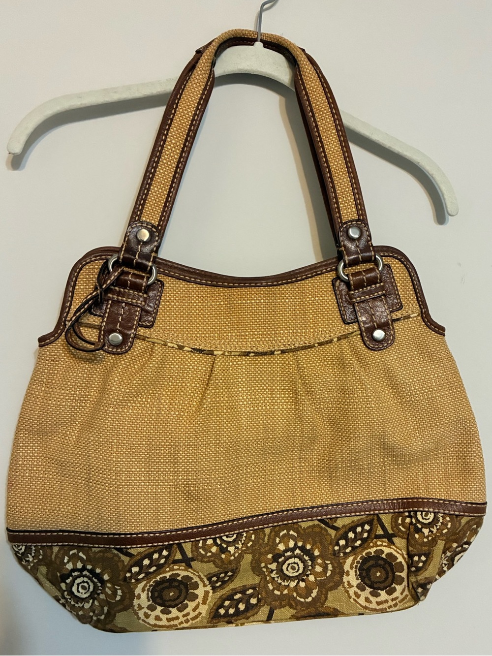 Fossil Canvas & Leather Shoulder Bag Brown Floral Tapestry Boho Purse Tote